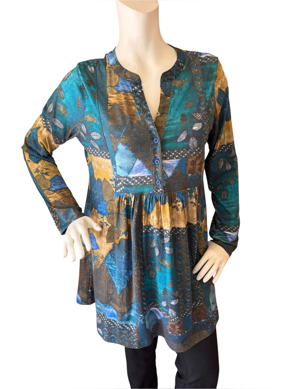 Peruvian Connection Teal & Gold Cotton Patchwork-Print Long Sleeve Tunic, M